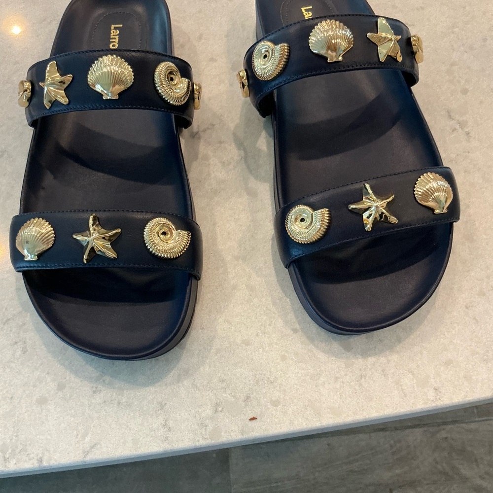 Navy Slide Sandals with Gold Seashell Embellishments LARROUDE